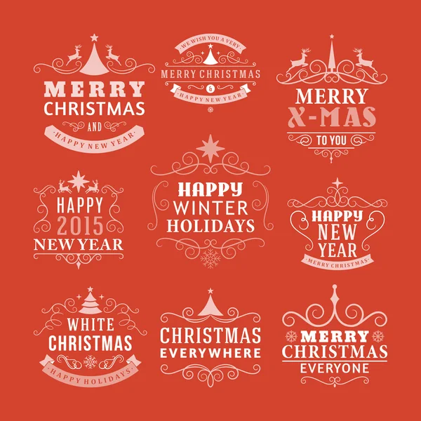 Kerstmis decoratie set ontwerpelementen, etiketten, symbolen, pictogrammen, objecten en vakantie wensen — Stockvector