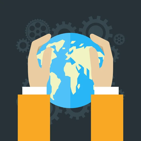 Globale economie concept. Menselijke handen met globe. Platte ontwerp vectorillustratie — Stockvector