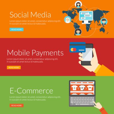 Sosyal medya, mobil ödeme ve e-ticaret için düz tasarım konsepti. Vektör çizim web afiş ve promosyon malzemeleri için