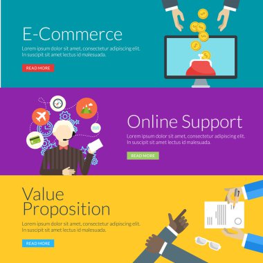 E-ticaret, çevrimiçi destek ve değer teklifi için düz tasarım konsepti. Vektör çizim web afiş ve promosyon malzemeleri için
