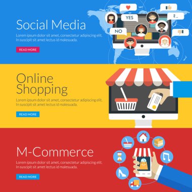 Sosyal medya, online alışveriş ve e-ticaret için düz tasarım konsepti. Vektör çizim web afiş ve promosyon malzemeleri için