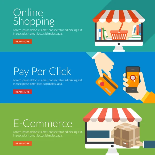 Concetto di design piatto per lo shopping online, pay per click e e-commerce. Illustrazione vettoriale per banner web e materiale promozionale — Vettoriale Stock