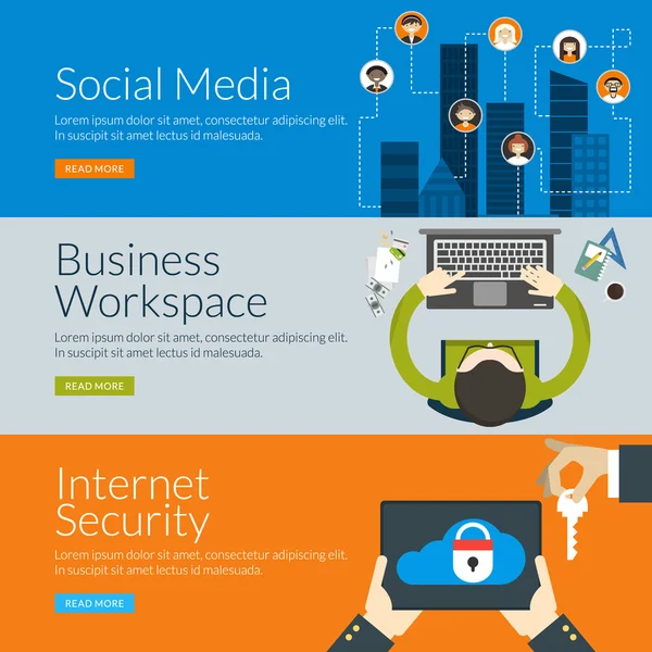 Düz tasarım konsepti için sosyal medya, iş çalışma alanı ve Internet güvenliği. Vektör çizim web afiş ve promosyon malzemeleri için