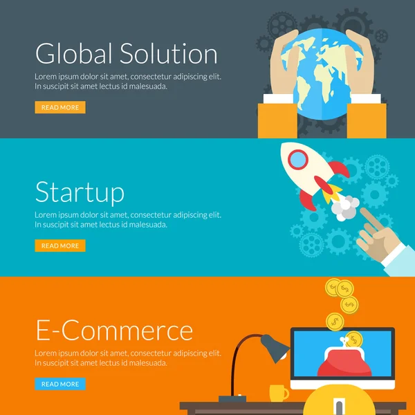 Conceito de design plano para solução global, startup e e-commerce. Ilustração vetorial para banners web e materiais promocionais — Vetor de Stock