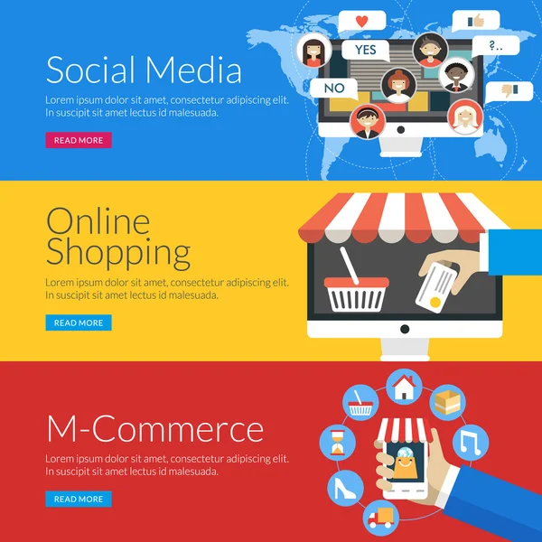 Platte ontwerpconcept voor sociale media, online winkelen en m-commerce. Vectorillustratie voor het webbanners en promotiemateriaal — Stockvector