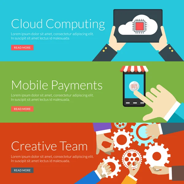 Platte ontwerpconcept voor cloud computing, mobiele betalingen en creatieve team. Vectorillustratie voor het webbanners en promotiemateriaal — Stockvector
