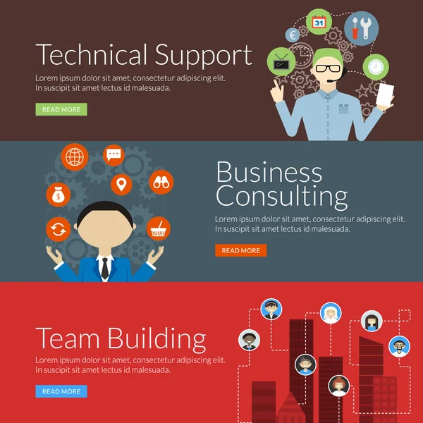 Düz tasarım konsepti için teknik destek, iş danışmanlığı ve ekip oluşturma. Vektör çizim web afiş ve promosyon malzemeleri için