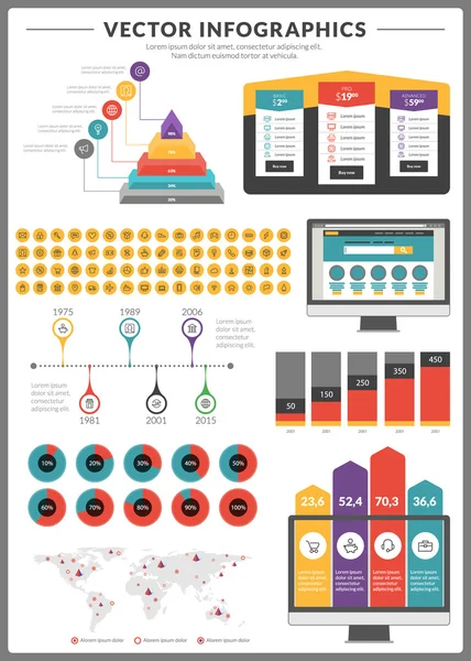 Paquete grande de infografías vectoriales de visualización de datos y elementos de diseño con barra de negocios, gráficos, gráficos, diagramas e iconos para folletos, volantes y sitios web — Archivo Imágenes Vectoriales