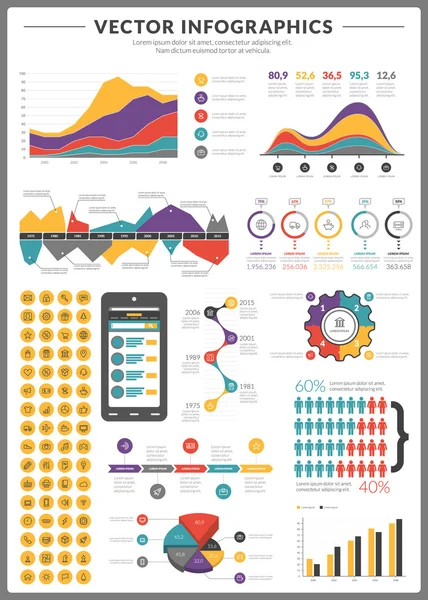 Großes Paket von Datenvisualisierungsvektorgrafiken und Designelementen mit Businessbalken, Diagrammen, Diagrammen und Icons für Broschüren, Flyer und Webseiten — Stockvektor