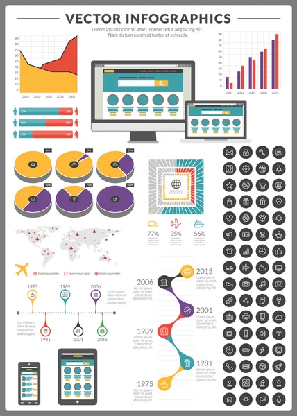 Pacote grande de infográficos vetoriais de visualização de dados e elementos de design com barra de negócios, gráficos, gráficos, diagramas e conjunto de ícones para brochuras, folhetos e sites —  Vetores de Stock