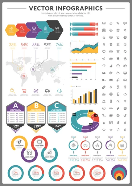 Большой пакет векторной инфографики и элементов дизайна для визуализации данных с бизнес-баром, графиками, графиками, диаграммами и набором значков для брошюр, листовок и веб-сайтов — стоковый вектор