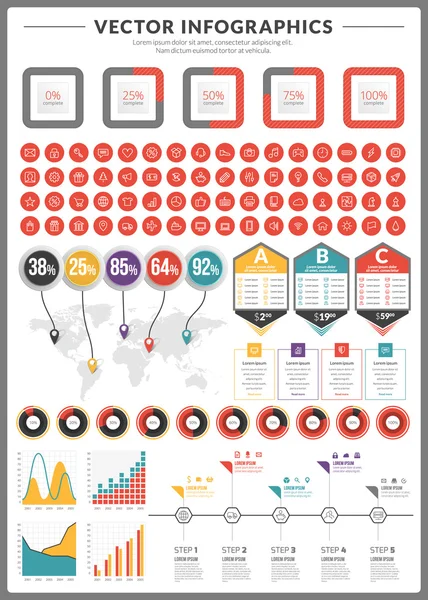 Pacote grande de infográficos vetoriais de visualização de dados e elementos de design com barra de negócios, gráficos, gráficos, diagramas e conjunto de ícones para brochuras, folhetos e sites — Vetor de Stock