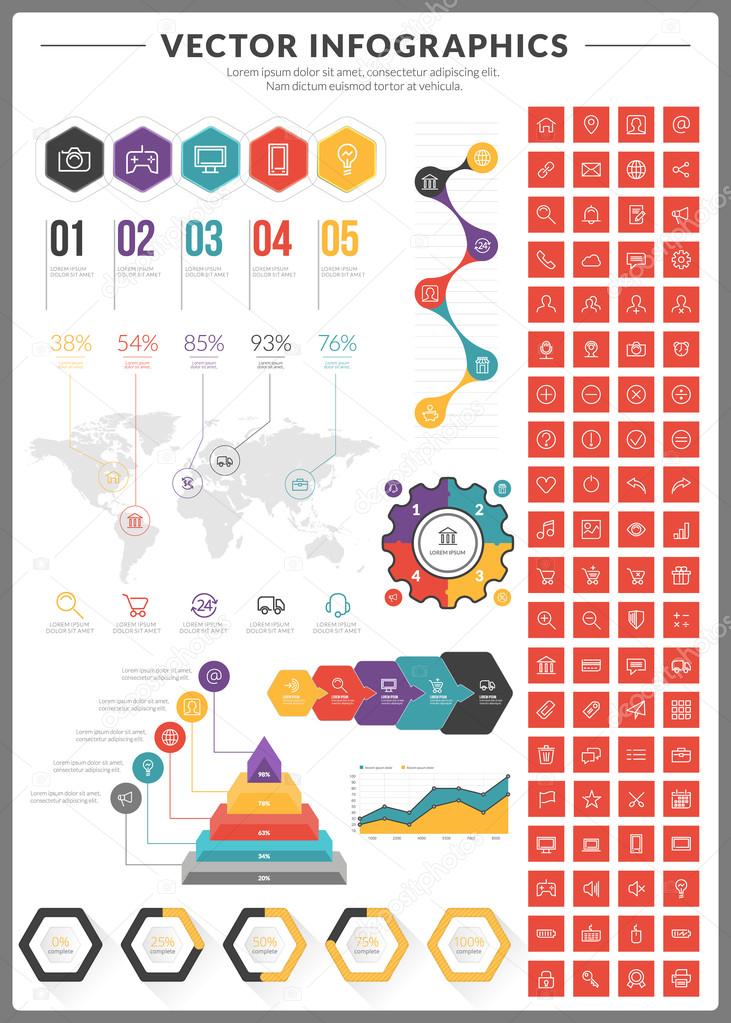 Big pack of data visualization vector infographics and design elements with business bar, charts, graph, diagrams and icon set for brochures, flyers and websites