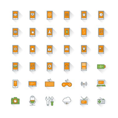 Cep telefonu düz Tasarım Icon set. Hareket eden telefon simgeleri, bilgisayar, kamera, bulut, oyun, pil ile