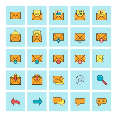 Mektup ve mesaj. Vektör simge düz tasarım stili ayarla. Web sitesi tasarımı ve mobil uygulamalar için.