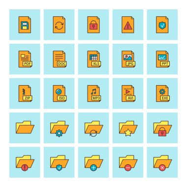 Dosyalar ve dosyalar. Düz tasarım biçiminde vektör simgesi ayarlandı. Web sitesi tasarımı ve mobil uygulamalar için.