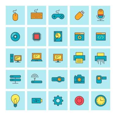 Teknoloji ve elektronik cihazlar. Vektör simge düz tasarım stili ayarla. Web sitesi tasarımı ve mobil uygulamalar için.
