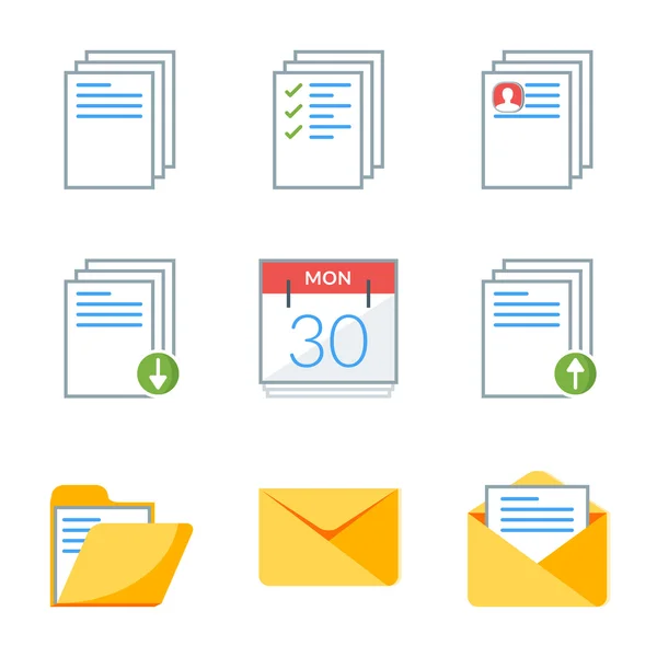 Flache Stil-Icon-Set für Web und mobile Anwendungen. grundlegende Symbole, Dokument, Kalender, Ordner, E-Mail — Stockvektor