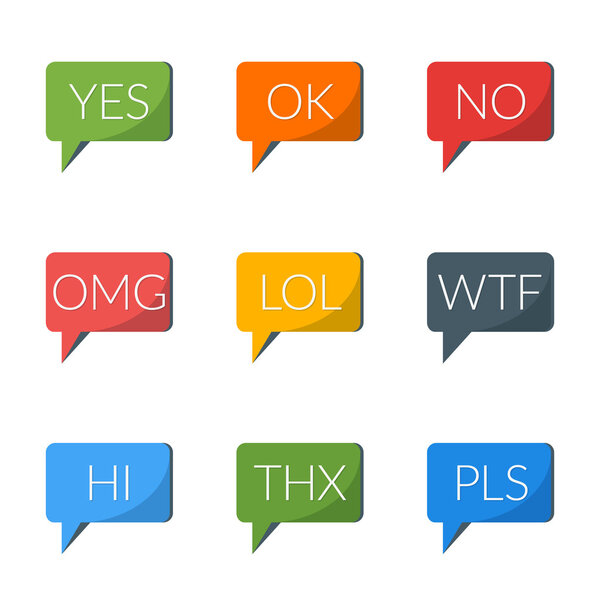 Flat style icon set for web and mobile application. Colorful speech bubble with internet acronyms