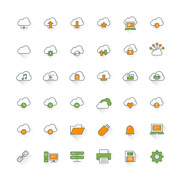 Conjunto de iconos de diseño plano de cloud computing. Nube, conexión, ordenador, carpeta, configuración — Archivo Imágenes Vectoriales