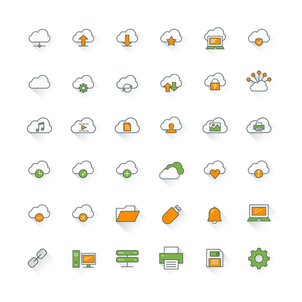 Conjunto de iconos de diseño plano de cloud computing. Nube, conexión, ordenador, carpeta, configuración — Vector de stock