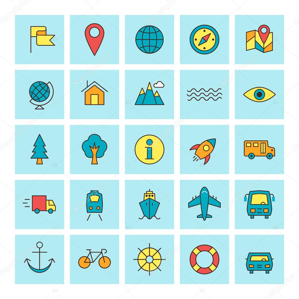 Travel and Transportation. Vector icon set in flat design style. For web site design and mobile apps.