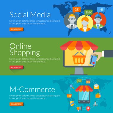 Sosyal medya, online alışveriş ve e-ticaret için düz tasarım konsepti. Vektör çizim web afiş ve promosyon malzemeleri için