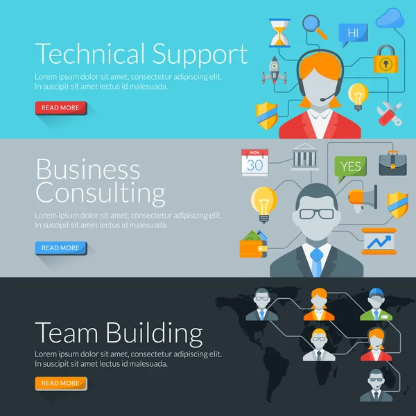 Platte ontwerpconcept voor technische ondersteuning, business consulting en teambuilding. Vectorillustratie voor het webbanners en promotiemateriaal — Stockvector