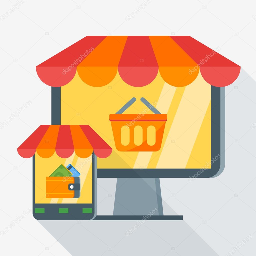 Online shopping concept. Vector illustration in flat design style. Desktop and mobile phone with shopping icons