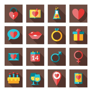 Sevgililer günü düz Tasarım Icon set. Aşk, düğün ya da romantik semboller çıkıyor. Kalp, yüzük, aşk mektupları, hediye