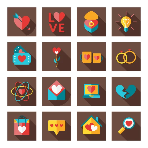 Día de San Valentín conjunto icono de diseño plano. Amor, boda o citas símbolos románticos. Corazón, anillos, cartas de amor, regalo — Vector de stock