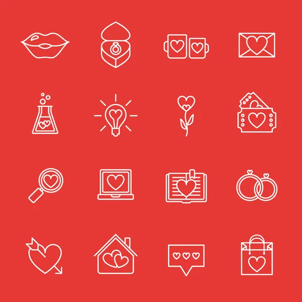 O ícone da linha do dia de São Valentim. Amor, casamento ou namoro símbolos românticos. Coração, anéis, cartas de amor, presente — Vetor de Stock