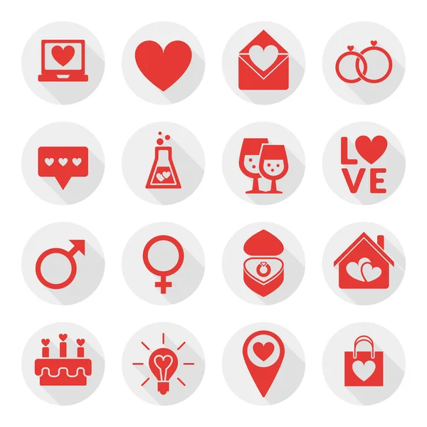 Día de San Valentín conjunto icono de diseño plano. Amor, boda o citas símbolos románticos. Corazón, anillos, cartas de amor, regalo — Vector de stock