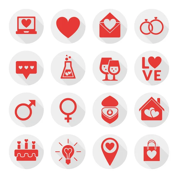 St. Valentine 's day flat design icon set. Любовь, свадьба или романтические символы. Сердце, кольца, любовные письма, подарок — стоковый вектор