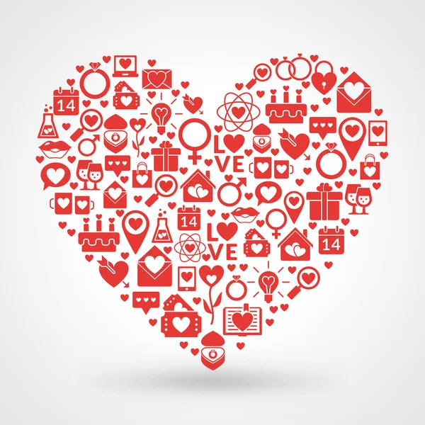 Sevgililer günü kartı tasarım. Aşk simgeleri yapılan kalp — Stok Vektör