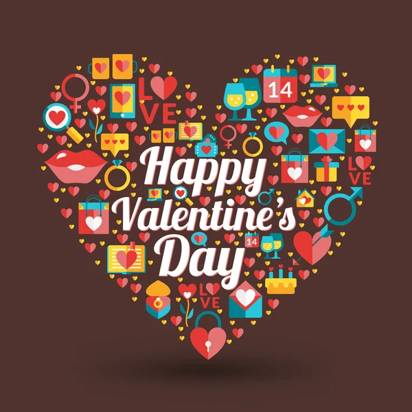 Diseño de tarjetas del Día de San Valentín. Corazón hecho de iconos de amor — Vector de stock
