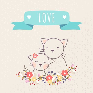 Vektör St Sevgililer günü tebrik kartı düz tarzı. Çiçekler ve kurdele ile metin iki kedi