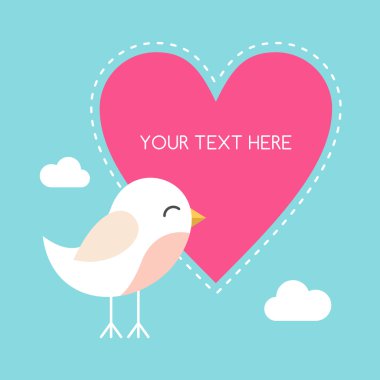 Vektör St Sevgililer günü tebrik kartı düz tarzı. Şirin kuş ve pembe kalp