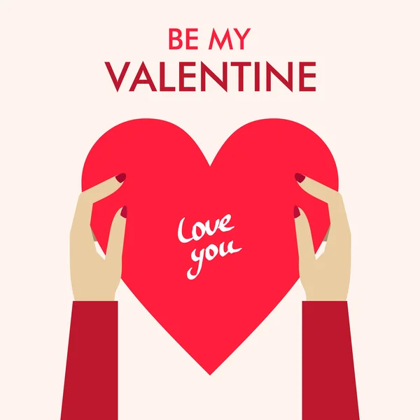 Vektorové St. Valentine den přání v plochý. Žena ruce hospodářství velké červené srdce — Stockový vektor