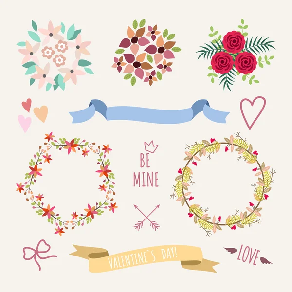 Valentine's Day hand drawn set vintage style vector design elements — Stock Vector