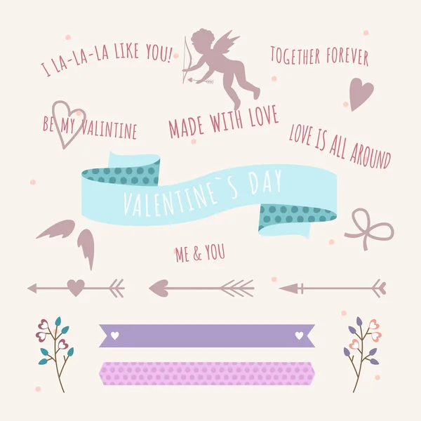 Valentine's Day set dessiné à la main éléments de design vectoriel de style vintage — Image vectorielle