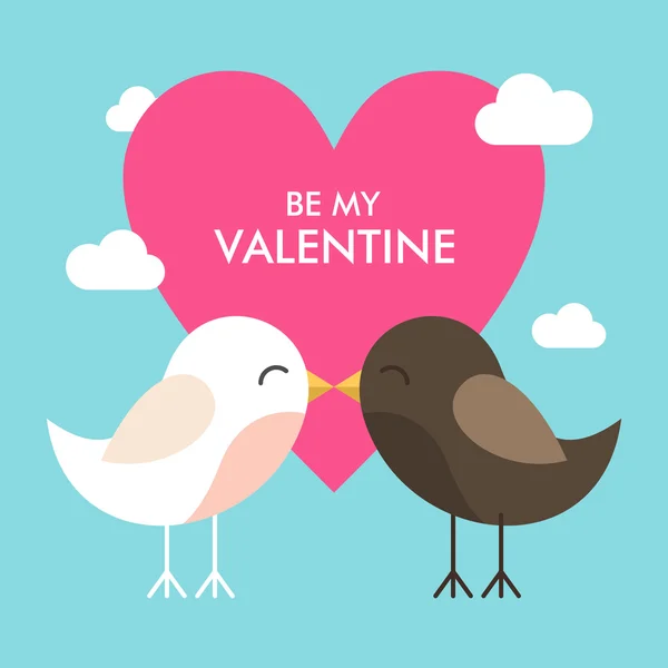 Открытка на день Святого Валентина в плоском стиле. Две целующиеся птицы и розовое сердце — стоковый вектор