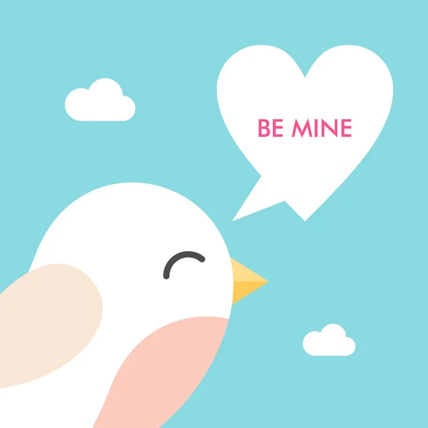 Vektorové St. Valentine den přání v plochý. Roztomilý ptáček na obloze s zpráva bublina — Stockový vektor