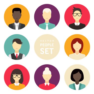 Vektör düz Icon set. Farklı insanlar karakter, erkek, kadın, iş adamı
