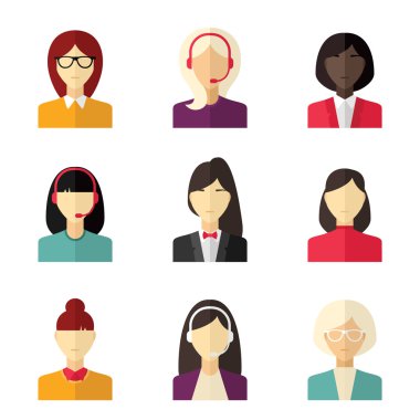 Vektör düz Icon set. Farklı insanlar karakter, erkek, kız, iş kadını, teknik destek