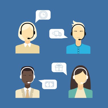 Set asistanı mans teknik destek afiş ve simgeler düz tasarım vektör çizim kadınla 