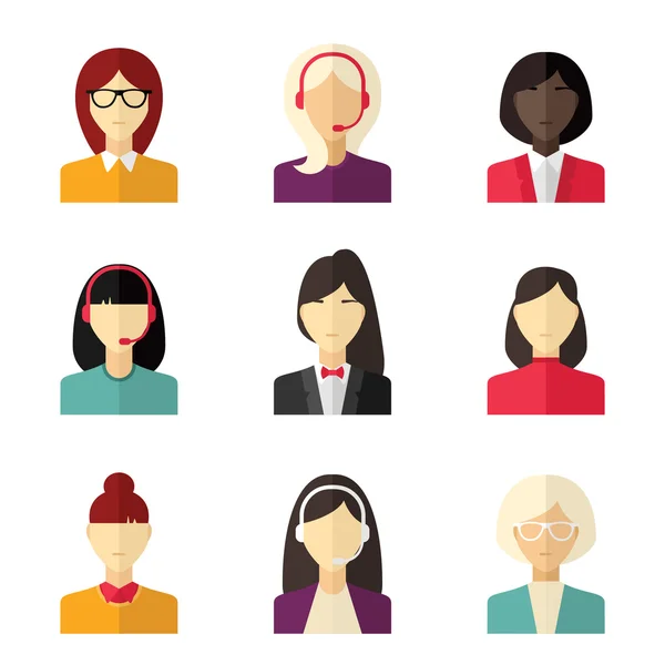 Vector flat icon set. Different people character, female, girl, business woman, technical support — Stock Vector