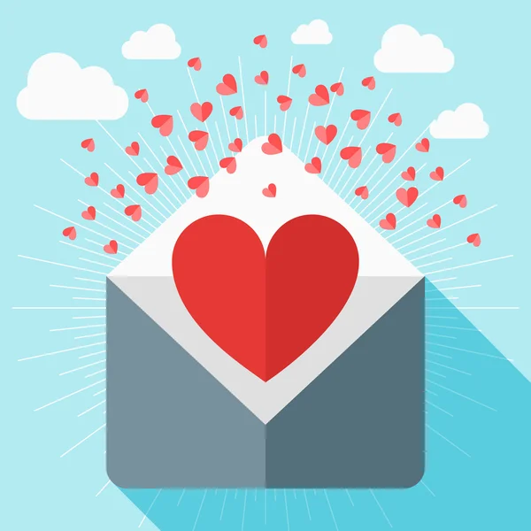 Vektorové St. Valentine den přání v plochý. Symbol srdce v obálce — Stockový vektor
