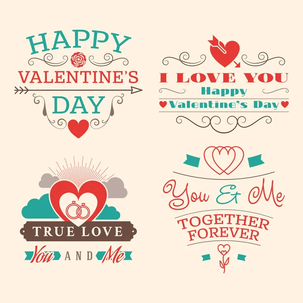 День святого Валентина набор этикеток, значков, штампов и элементов дизайна. Красный, аква и коричневый цвета — стоковый вектор