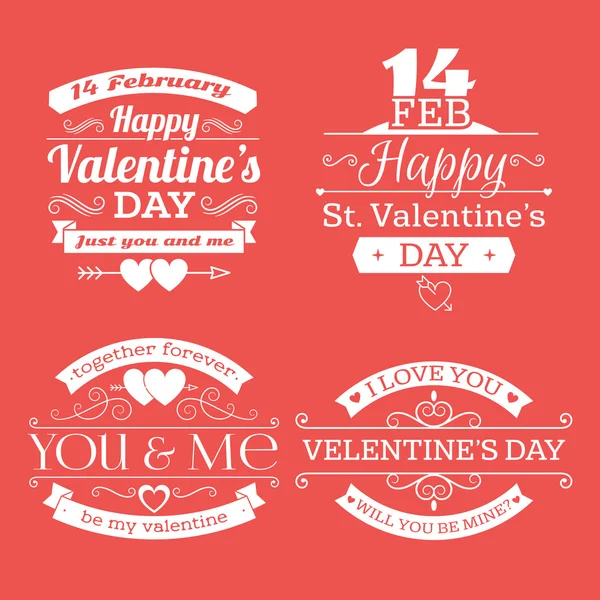 Ensemble d'étiquettes, insignes, timbres et éléments de design pour la Saint-Valentin. Blanc sur fond rouge — Image vectorielle